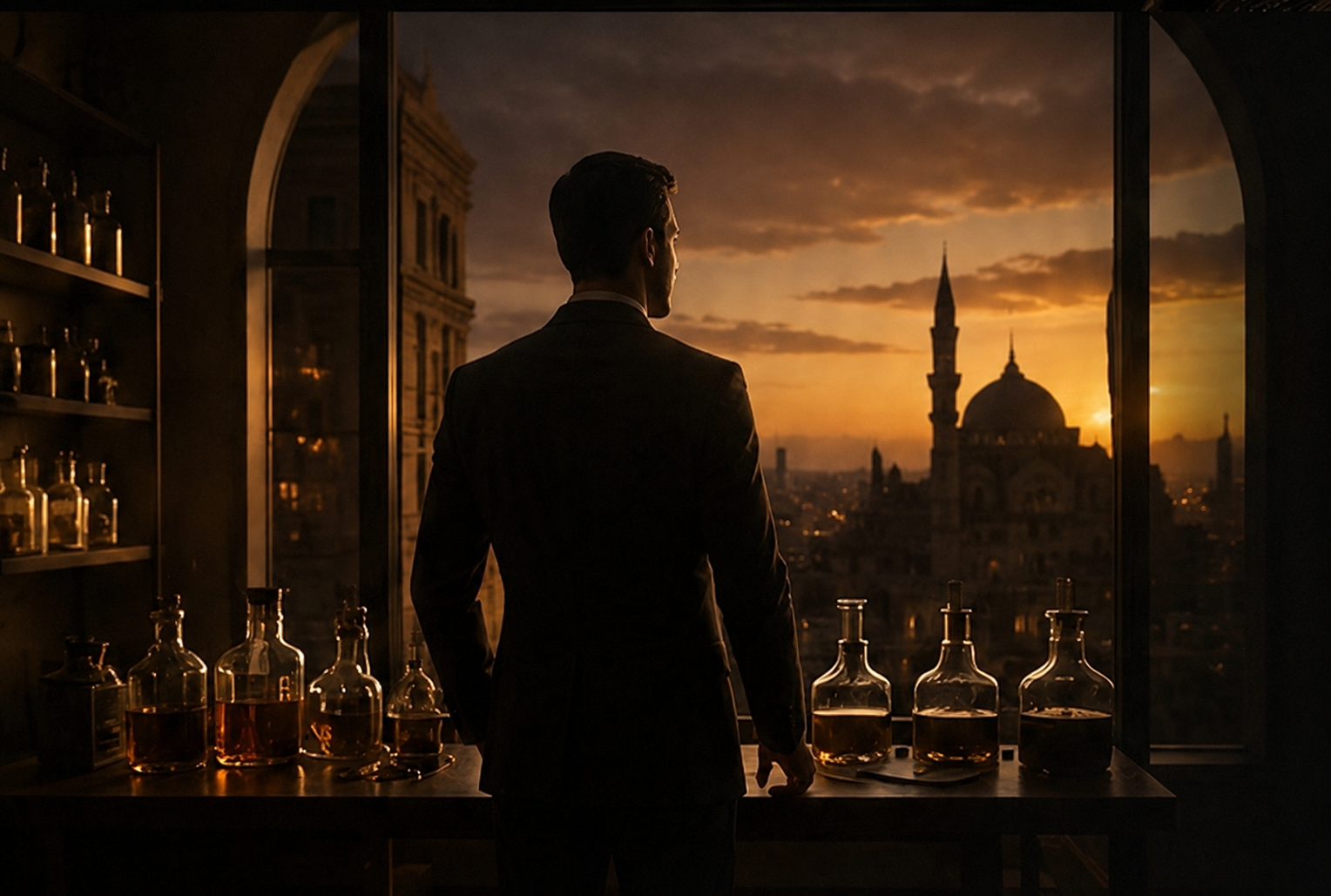 The spirit of heritage — a man overlooking an eastern city at dusk
